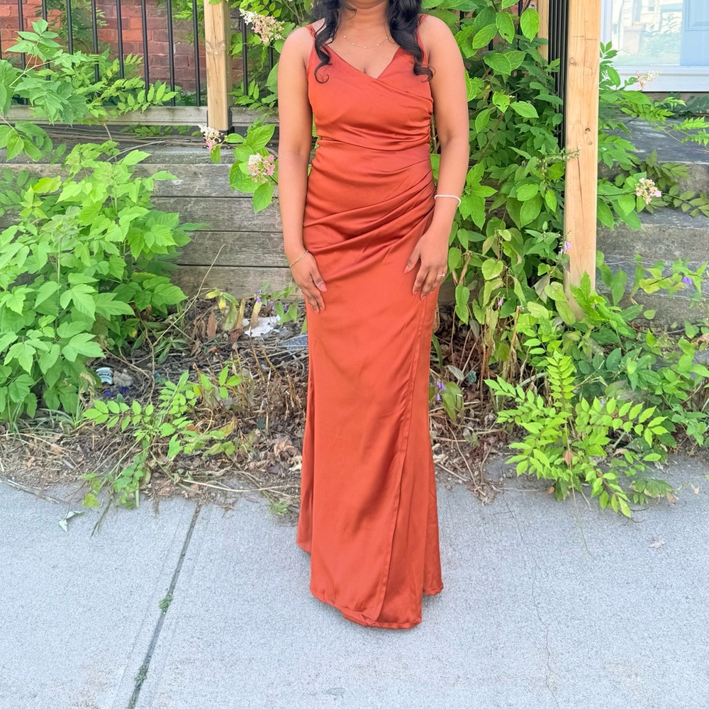 SHEIN Rust One-Shoulder Satin Prom Dress